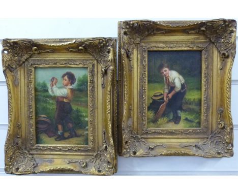 A pair of oils on board of boys playing cricket, each 16 x 11cm, in gilt frames 