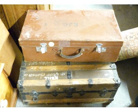 An ash and metal bound trunk and a leather case