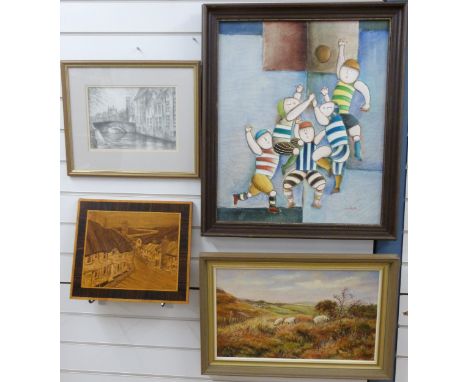 Four framed pictures to include oil on canvas of sheep in moorland signed Della, modernist basketball players by Roybal, penc