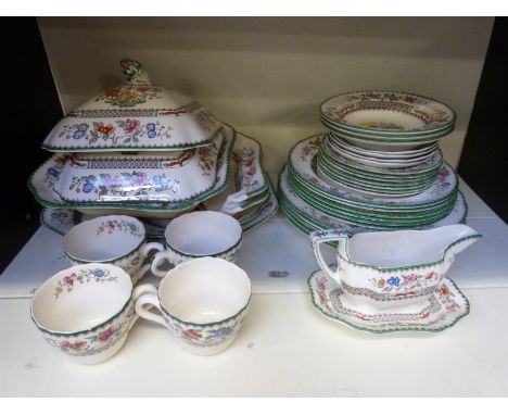 Copeland Spode part dinner service; Chinese Rose pattern, to include two tureens, four cups and saucers, three cereal bowls, 
