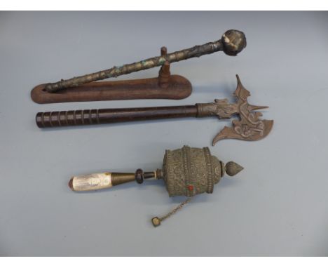 Three items to include a Tibetan white metal prayer wheel with bone handle, metal staff with applied filigree decoration & re
