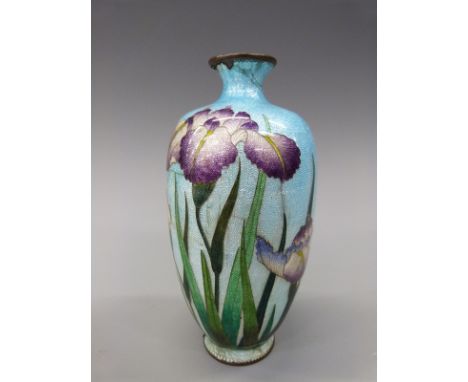 Japanese Ginbari enamel vase decorated with purple Iris on a graduated blue ground, 16cm tall 