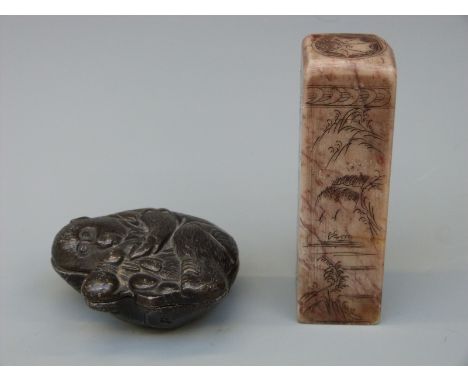 A Japanese bronze box in the form of a monkey decoration and a rectangular soapstone seal, the seal 10cm tall