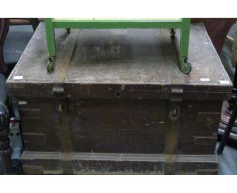 A 19thC metal bound stained pine silver chest/trunk with metal looped handles, the interior with velvet lined three layer mul