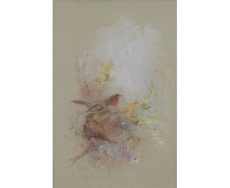 James Stinton (Royal Worcester artist) watercolour of two robins, 18 x 12cm
