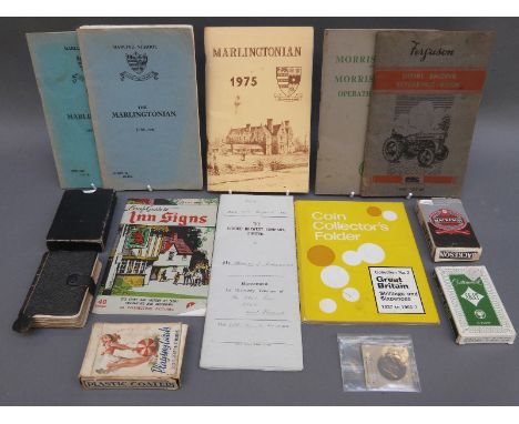 A quantity of ephemera to include playing cards, local interest items, Stroud Brewery 1934 agreement, Brimscombe port halfpen