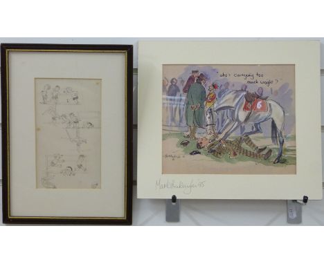 Victorian pen and ink sketch of young boys at play and a bird (29.5 x 11.5cm) together with Mark Huskinson horse racing signe