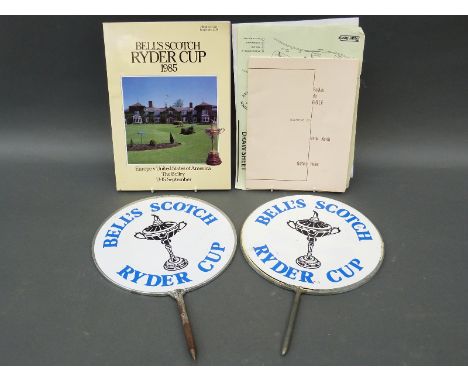A pair of heavy metal Bell's Scotch Ryder Cup green signs with additional 1985 Ryder Cup ephemera 