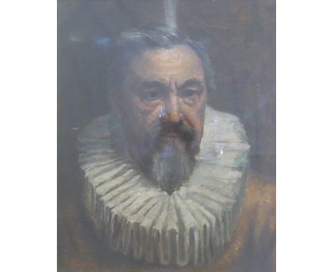 R Hartley oil on board 'One of Drake's Sea Dogs' collared gentleman, signed lower left, 51 x 41cm in gilt frame with title an