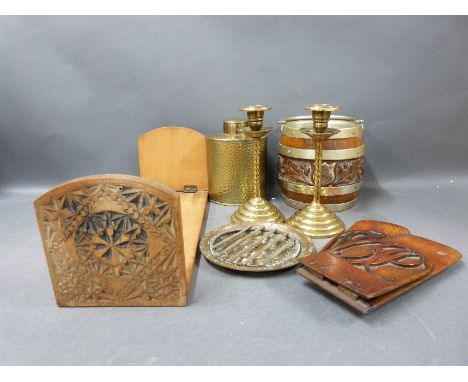 A selection of treen and brass to include two book slides, oak tobacco jar, J & S tea caddy, brass candlesticks etc 