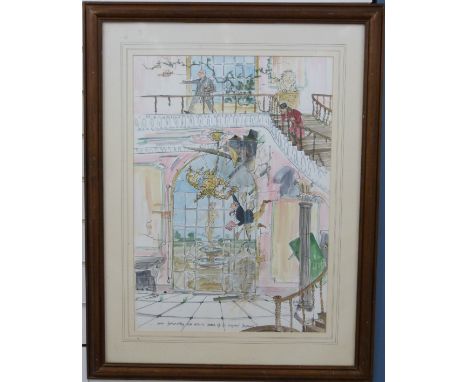 Mark Huskinson pen and wash cartoon of people playing in a dilapidated home, signed and dated 1994 lower right, 63 x 44cm