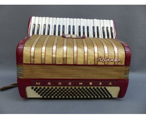 Hohner c1950s 120 bass "Marchesa" piano accordion, with three treble couplers and two bass couplers in gloss burgundy finish
