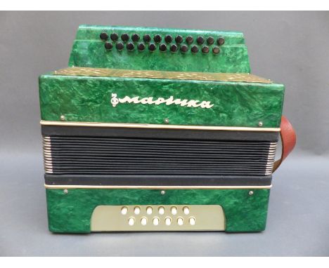 Mapouka "Garmon" (Russian button accordion) with two rows, 21 black treble buttons and 12 bass in green pearloid finish.