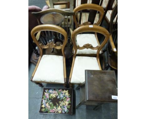 Three upholstered mahogany balloon back chairs, Ercol nursing chair, stool, jardiniere stand etc