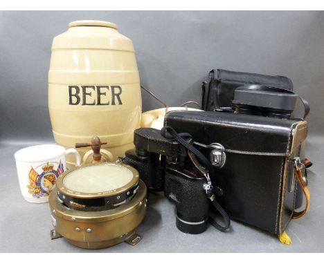 A quantity of treen to include three pairs of binoculars, Swift and Zenith, brass naval ships instrument, cream plastic telep