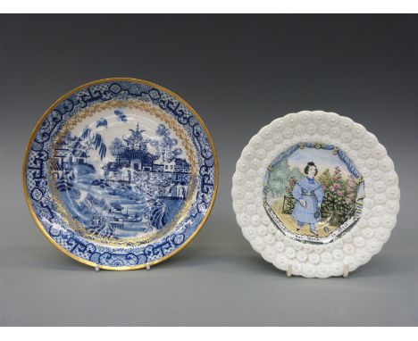 New Hall 18thC porcelain plate in Two Moths pattern, unmarked and an early Victorian child's plate by William Smith & Co, sta