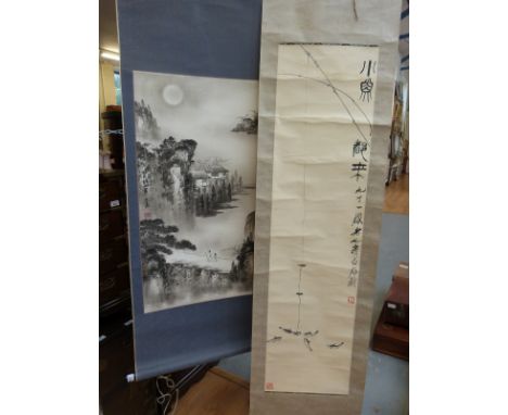 Two Chinese scroll pictures and two Chinese prints of cats