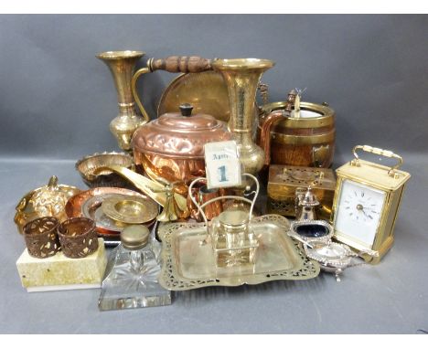 A carriage clock, copper ware,  brass ware, a plated ink well , calendar etc