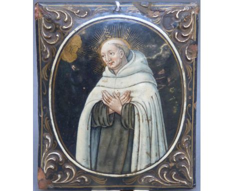 A late 18th/19thC hand decorated enamel on copper portrait miniature or icon depicting a saint, possibly Limoges, signed vers