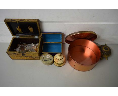 MIXED TINS, POLISHED STONE TRINKET BOX, CLOISONNE BOX, TURTLE BELL ETC