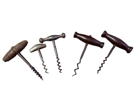 A Robert Jones and Sons corkscrew. Impressed to the shank with the maker's name, with four other Victorian corkscrews with me