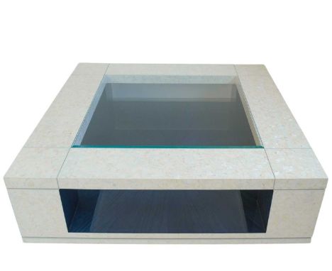 Superyacht furnishings, a large square coffee table with mother-of-pearl overlay.  On four supports with square chrome feet, 