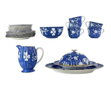 A Victorian Copeland 'Prunus' breakfast set. Includes a platter, a muffin dish and cover, breakfast plates, cups and saucers,