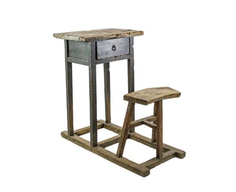 An oak, elm, and pine child's school-type desk and stool. Chinese, 19th or early 20th century, fitted a single drawer and fix