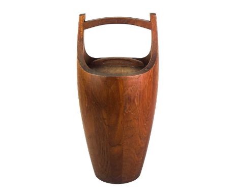 Jens Quistgaard for Dansk Designs, a teak 'Congo' ice bucket and cover. Mid-century, of staved construction, orange interior,