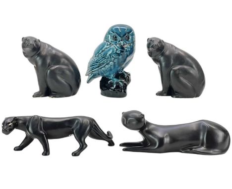Four stylised pottery animals. The panther is by Ulrome 9cm in height, with original sticker, the bears and the cat are all u