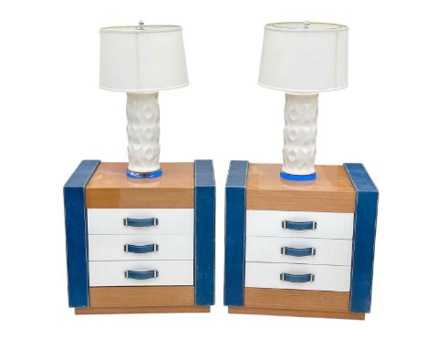 Superyacht furnishings, a pair of highly laquered veneer bedside tables with integrated lamps.  This contemporary pair of bed