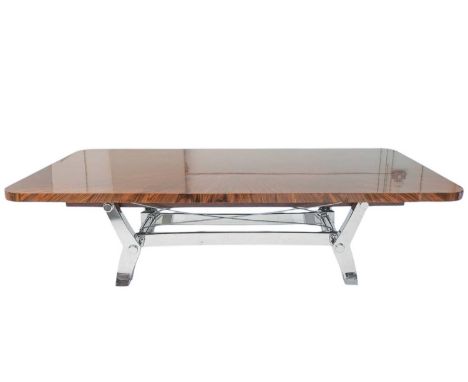 Superyacht furnishings, a large contemporary table with chrome base.  A highly laquered rosewood veneer top with curved corne