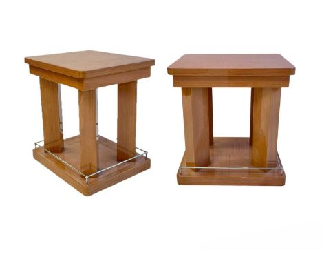 Superyacht furnishings. Two contemporary laquered wood veneer side tables.  Square table tops with curved edges, angled chunk
