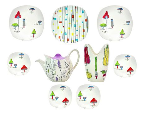 A collection of Midwinter stylecraft tableware. Six plates with a toadstool design, a Midwinter salad ware pot height 17cm, a