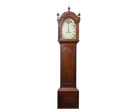A mahogany eight day longcase clock. The arched painted dial indistinctly inscribed, 'Lashmer?... hampton', with a moon phase