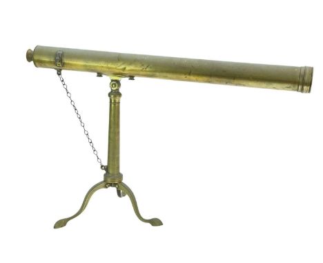 A 19th century brass 2" refracting telescope. By P Hill, Edinburgh, length 76cm, on a tubular support and folding tripod base