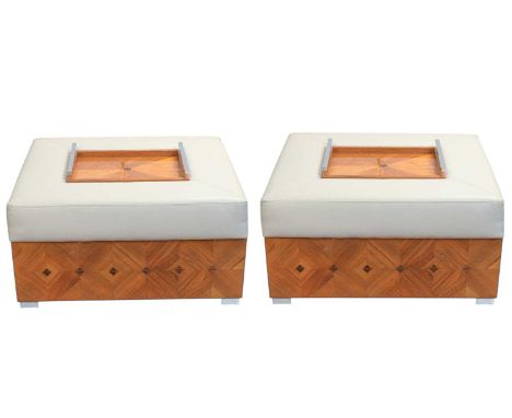 Superyacht furnishings. Two beige leather upholstered ottomans with trays.  With diamond design wood veneer inlay to the side