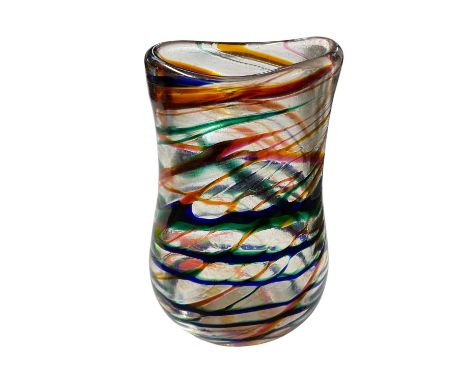 Norman Stuart Clarke (1946). An art glass vase, with striated red, blue, and green decoration, engraved signature and dated '