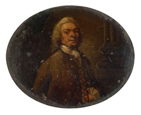 An 18th century miniature portrait of a Gentleman. Finely dressed with hand inside his waistcoat stood between marble columns