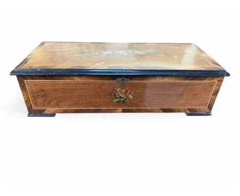 A Swiss walnut and crossbanded cylinder musical box. Late 19th century, playing 12 airs on a 33cm cylinder, with a handwritte
