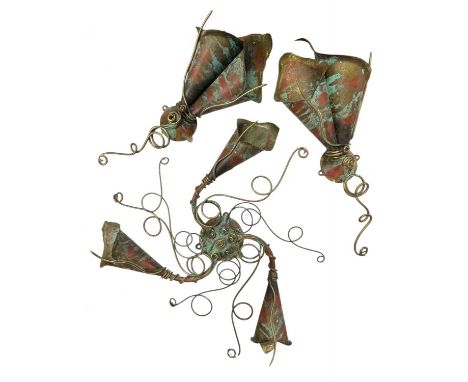 Tracey Adam Metalworks, light fittings. A bespoke patinated metal ceiling light, 53cm diameter, and two twin branch wall ligh