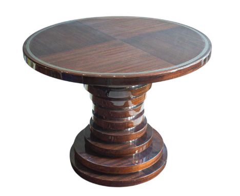 Superyacht furnishings, a contemporary circular dining table.  Highly lacquered dark wood veneer, featuring a stepped central