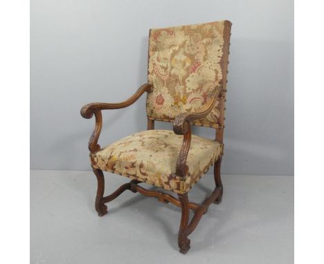 A French Louis XIII design open armchair in walnut with pictorial tapestry back and tapestry seat, probably late 19th Century