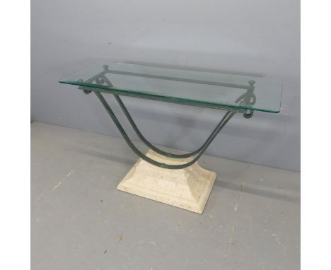 A 1980s Italian console table, with glass top on bronzed metal frame and travertine base. Width 120cm, height 78cm, depth 40c