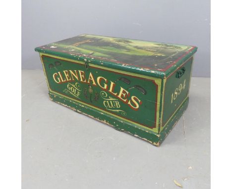 A painted pine trunk, with golfing design. Width 92cm, height 42cm, depth 46cm.