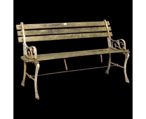 A teak slatted garden bench with painted cast iron ends. Overall 121x70x50cm.