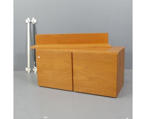 BEAVER & TAPLEY - A mid-century teak hanging cabinet, width 84cm, height 41cm, depth 40cm, and matching shelf. (2)Good overal