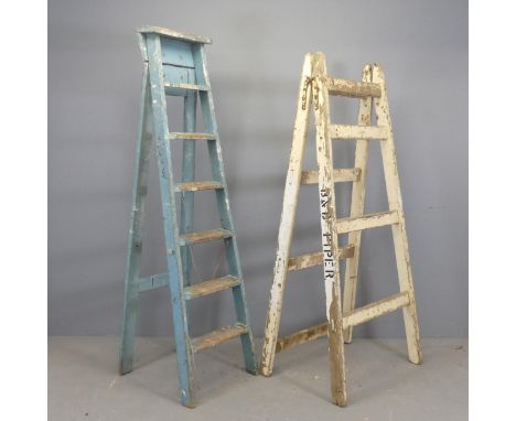 Two vintage painted pine step ladders. Tallest 169cm (deployed).