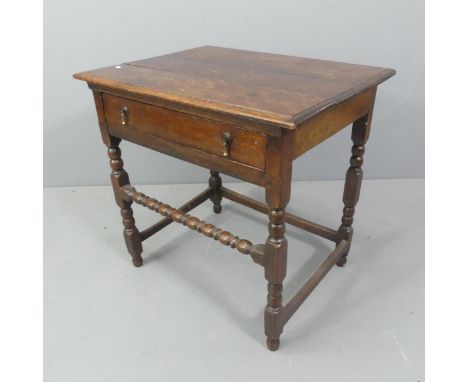 A late 19th / early 20th century oak side table, with single drawer and bobbin turned supports. Width 72cm, height 72cm, dept