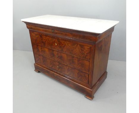 A French oak and mahogany veneered marble-topped commode chest of four long drawers, with additional secret drawer to base. W